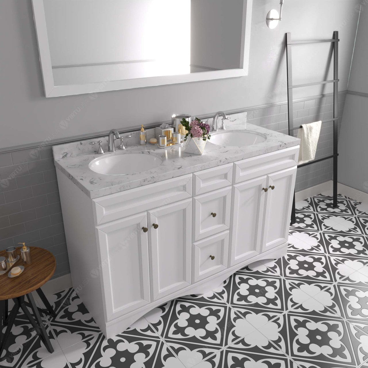 Talisa 60" Double Bath Vanity in White with Cultured Quartz Top and Sinks perspective