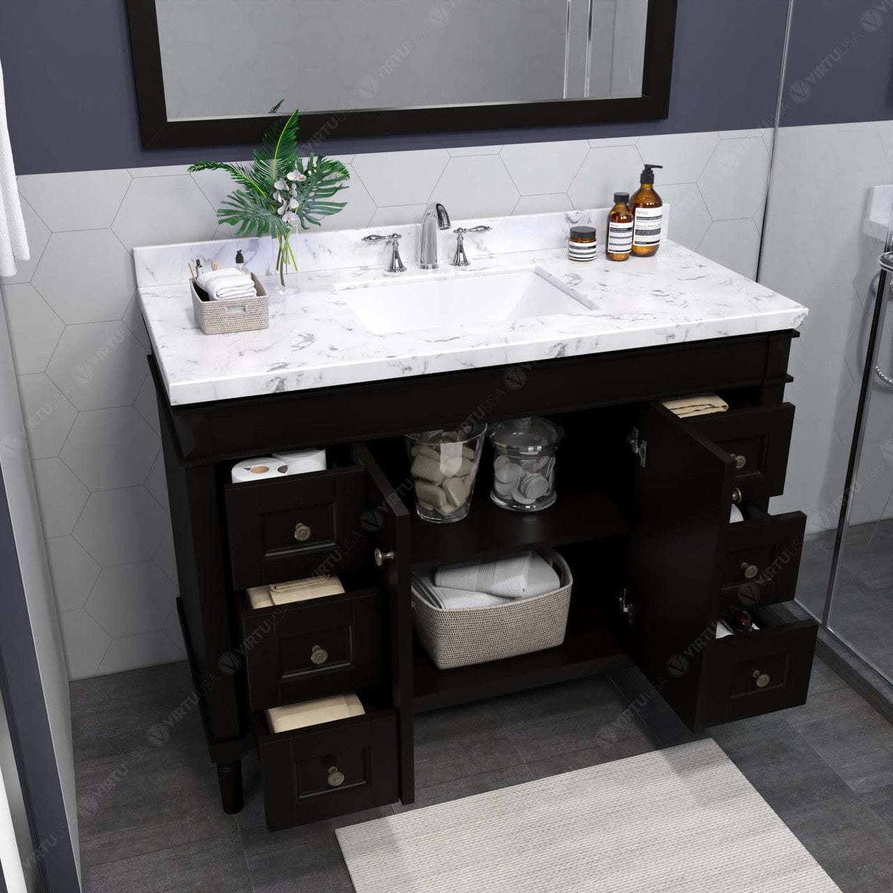 Tiffany 48" Bath Vanity in Espresso with Cultured Marble Quartz Top by Virtu USA drawers open