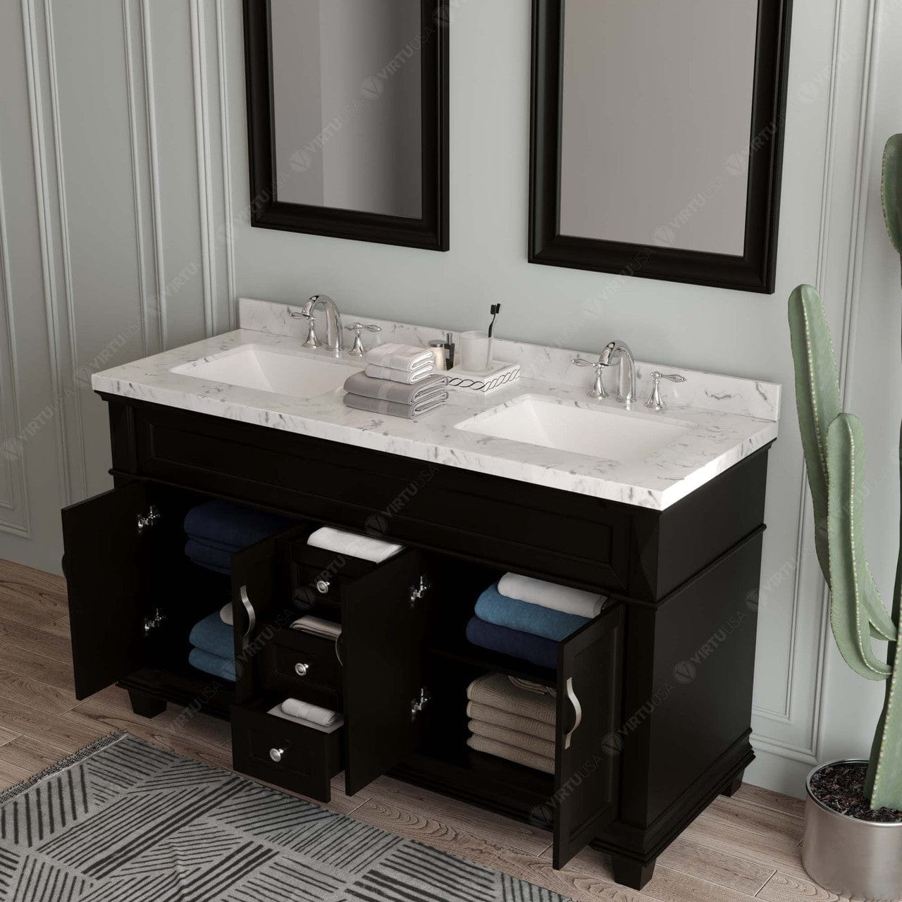 Victoria 60" Bath Vanity in Espresso with Cultured Marble Quartz Top by Virtu USA drawers open