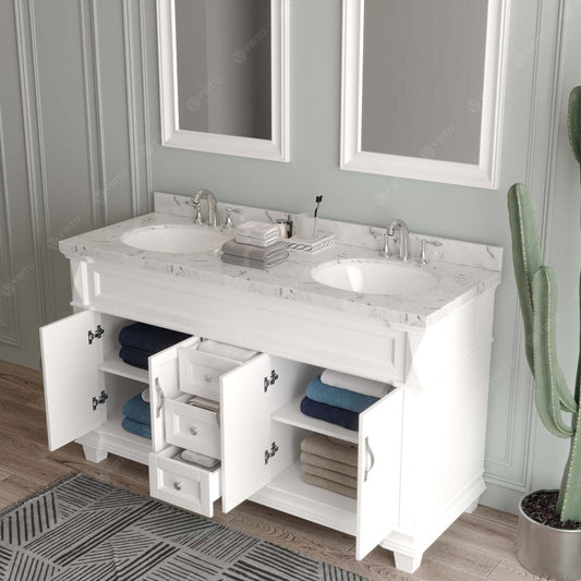 Victoria 60" Bath Vanity in White with Cultured Marble Quartz Top by Virtu USA drawers open