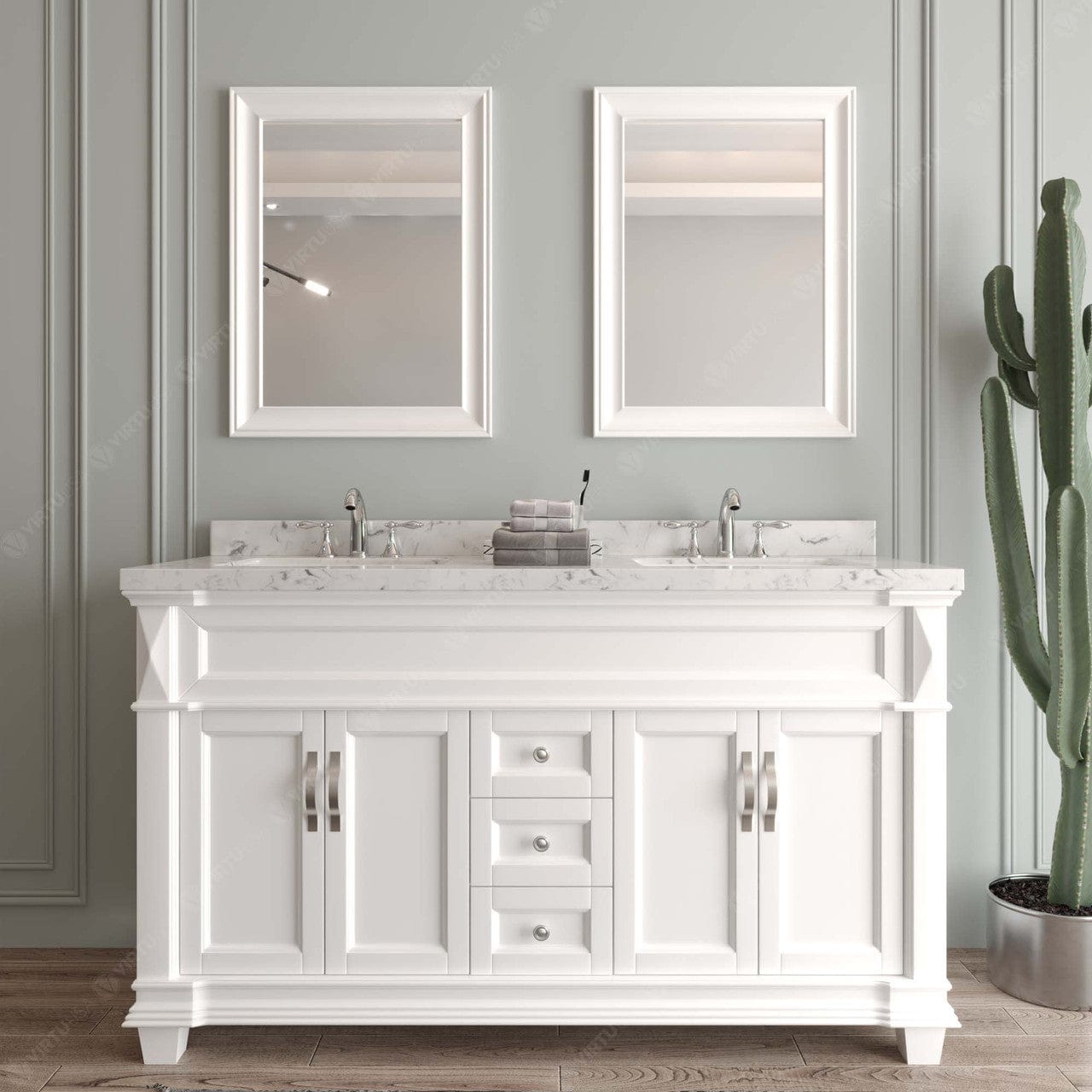 Victoria 60" Bath Vanity in White with Cultured Marble Quartz Top by Virtu USA front view