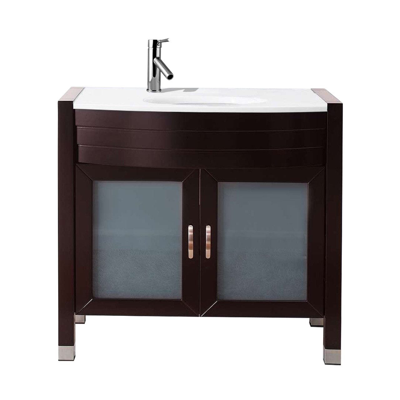 Virtu USA Ava 36 Single Vanity with Aqua Tempered Glass countertop in Espresso | Integrated Round Sink