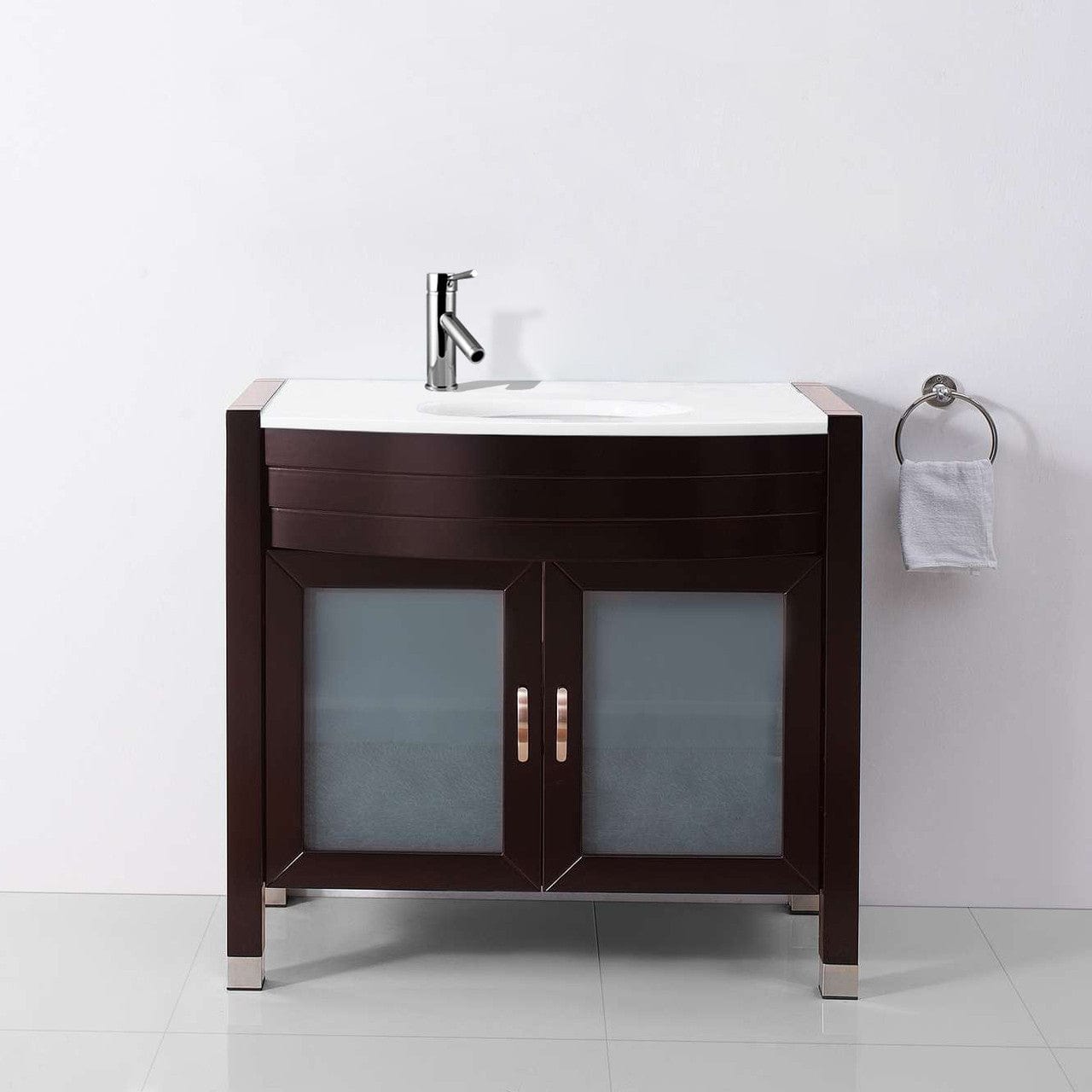 Virtu USA Ava 36 Single Vanity with Aqua Tempered Glass countertop in Espresso | Integrated Round Sink