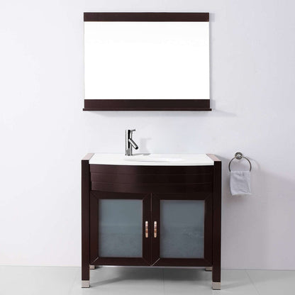 Virtu USA Ava 36 Single Vanity with Aqua Tempered Glass countertop in Espresso | Integrated Round Sink