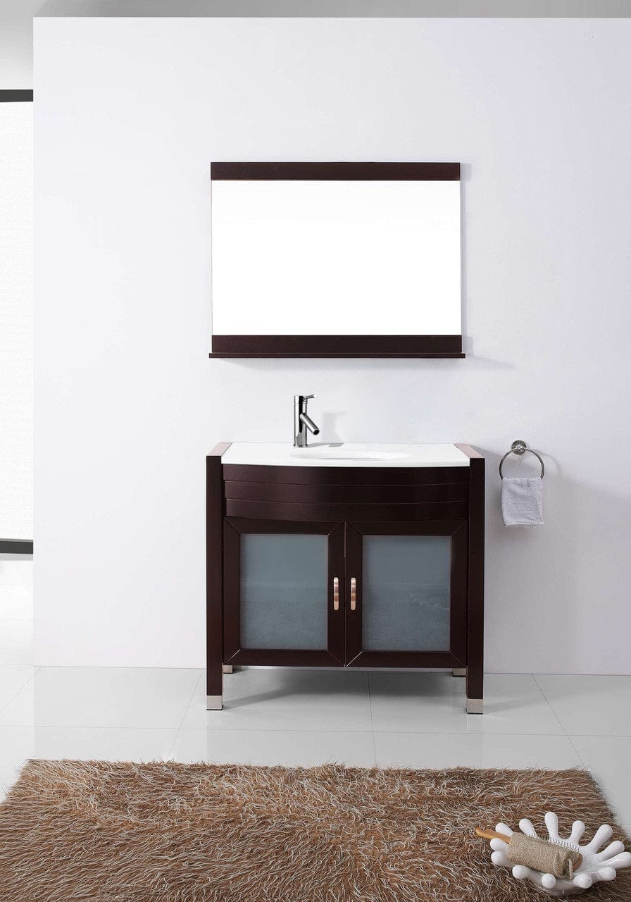 Virtu USA Ava 36 Single Vanity with Aqua Tempered Glass countertop in Espresso | Integrated Round Sink