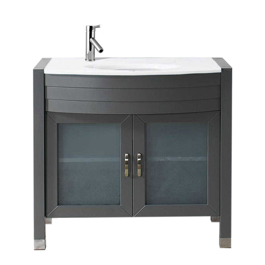 Virtu USA Ava 36 Single Vanity with Aqua Tempered Glass countertop in Gray | Integrated Round Sink