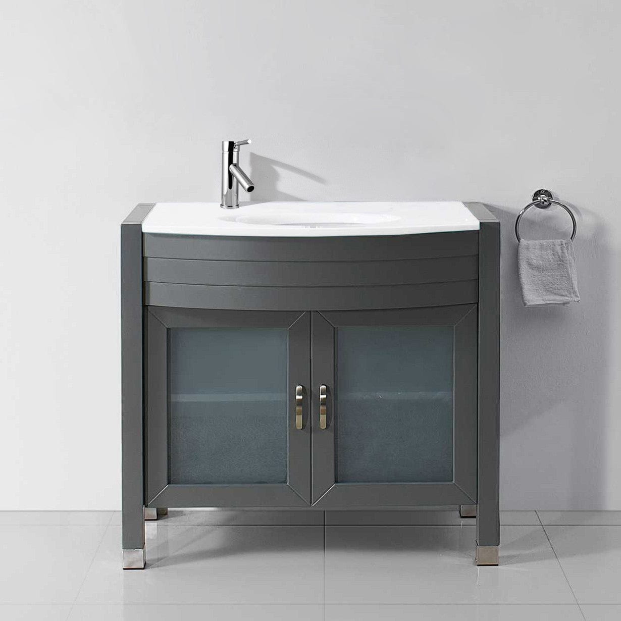 Virtu USA Ava 36 Single Vanity with Aqua Tempered Glass countertop in Gray | Integrated Round Sink