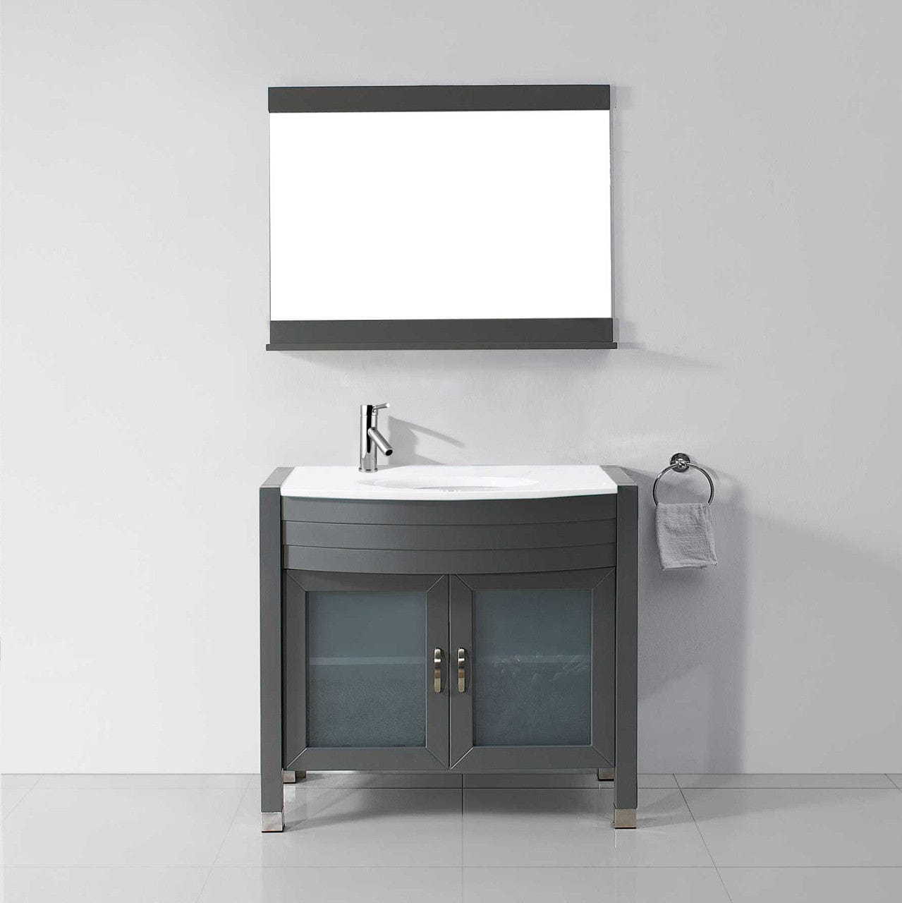 Virtu USA Ava 36 Single Vanity with Aqua Tempered Glass countertop in Gray | Integrated Round Sink