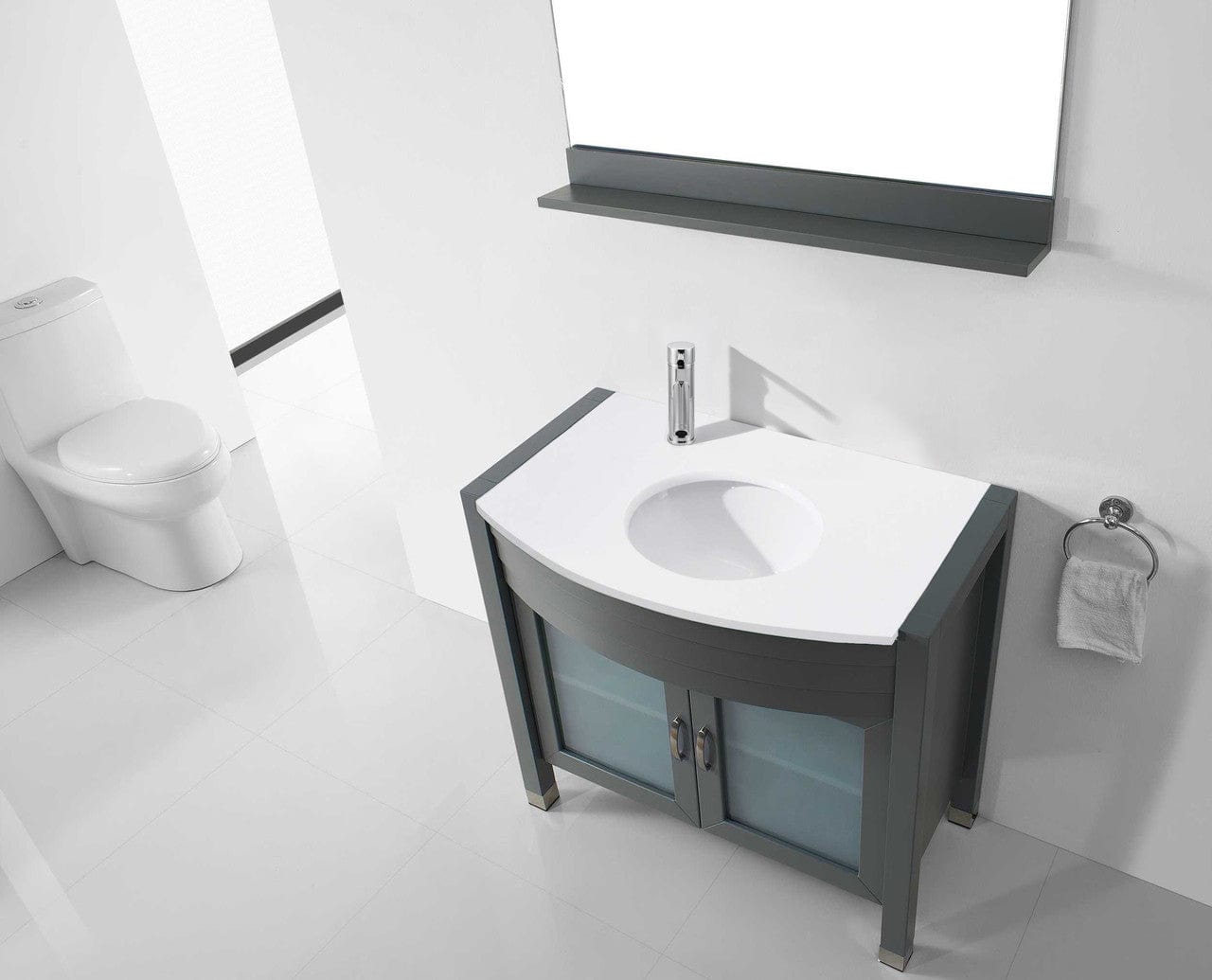 Virtu USA Ava 36 Single Vanity with Aqua Tempered Glass countertop in Gray | Integrated Round Sink