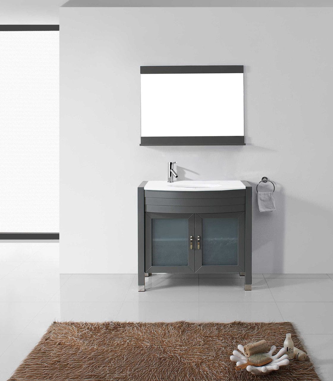 Virtu USA Ava 36 Single Vanity with Aqua Tempered Glass countertop in Gray | Integrated Round Sink