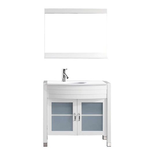 Virtu USA Ava 36" Single Vanity with Aqua Tempered Glass countertop in White | Integrated Round Sink