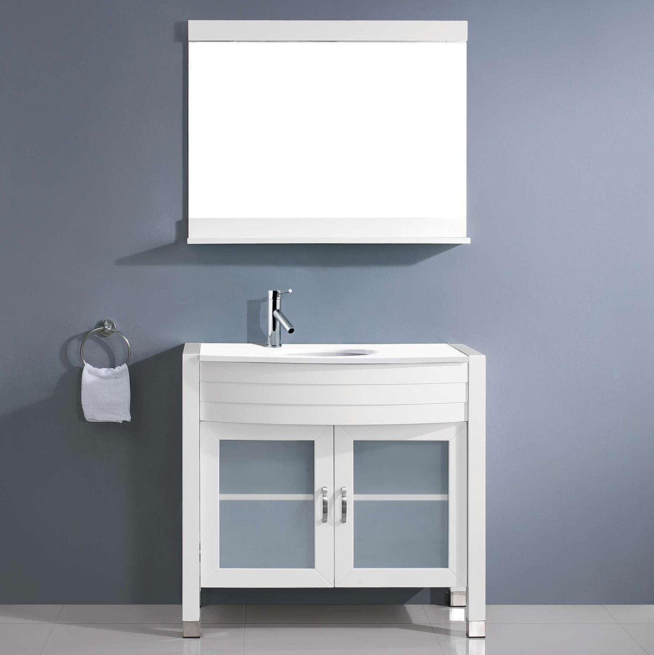 Virtu USA Ava 36 Single Vanity with Aqua Tempered Glass countertop in White | Integrated Round Sink