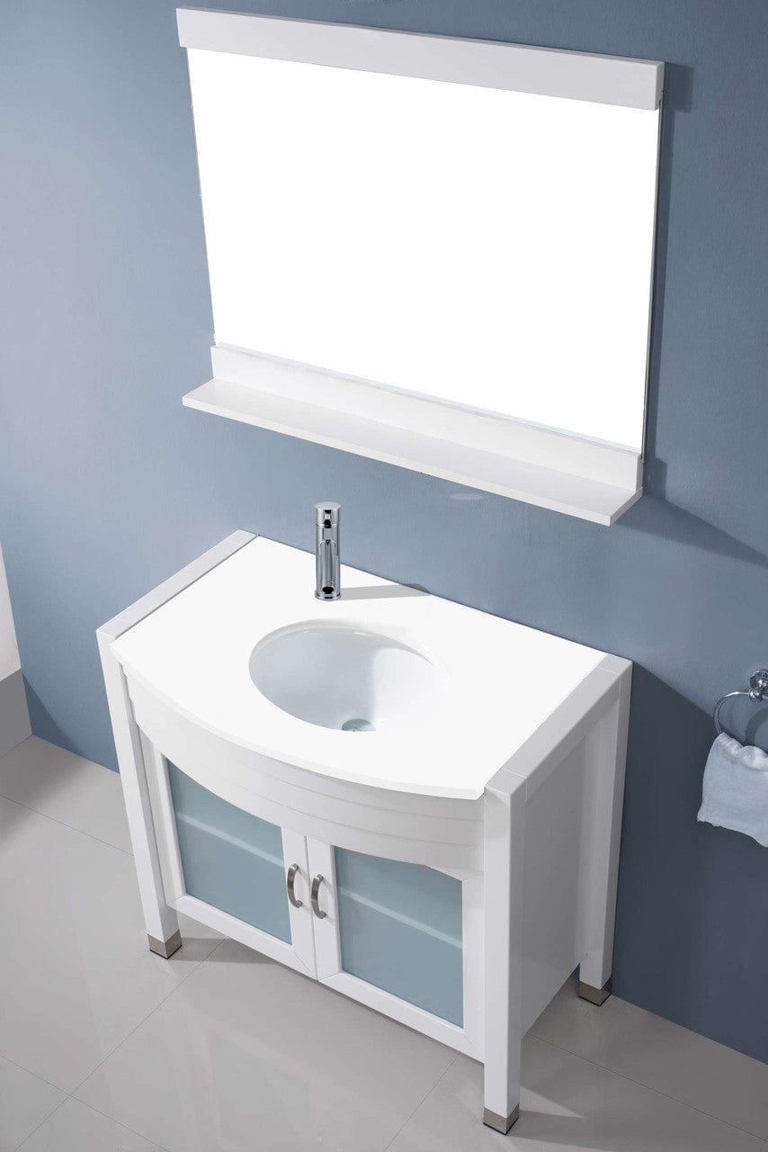 Virtu USA Ava 36 Single Vanity with Aqua Tempered Glass countertop in White | Integrated Round Sink