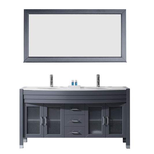 Virtu USA Ava 63" Double Bathroom Vanity Set in Grey w/ White Stone Counter-Top | Round Basin