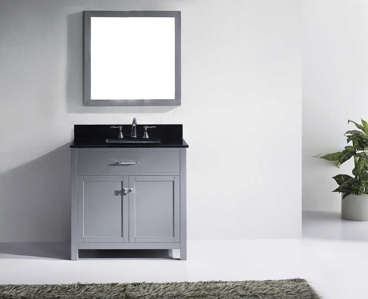 Virtu USA Caroline 36 Single Bathroom Vanity Set in Grey w/ Black Galaxy Granite Counter-Top |Ê Square Basin