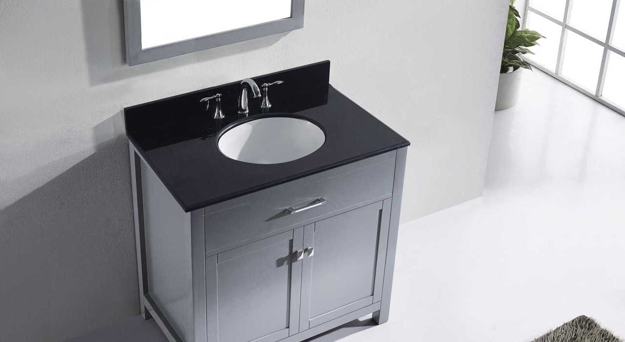 Virtu USA Caroline 36 Single Bathroom Vanity Set in Grey w/ Black Galaxy Granite Counter-Top | Round Basin