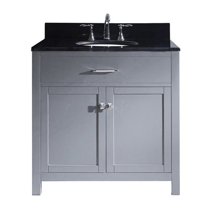 Virtu USA Caroline 36 Single Bathroom Vanity Set in Grey w/ Black Galaxy Granite Counter-Top | Round Basin