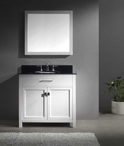 Virtu USA Caroline 36 Single Bathroom Vanity Set in White w/ Black Galaxy Granite Counter-Top | Round Basin