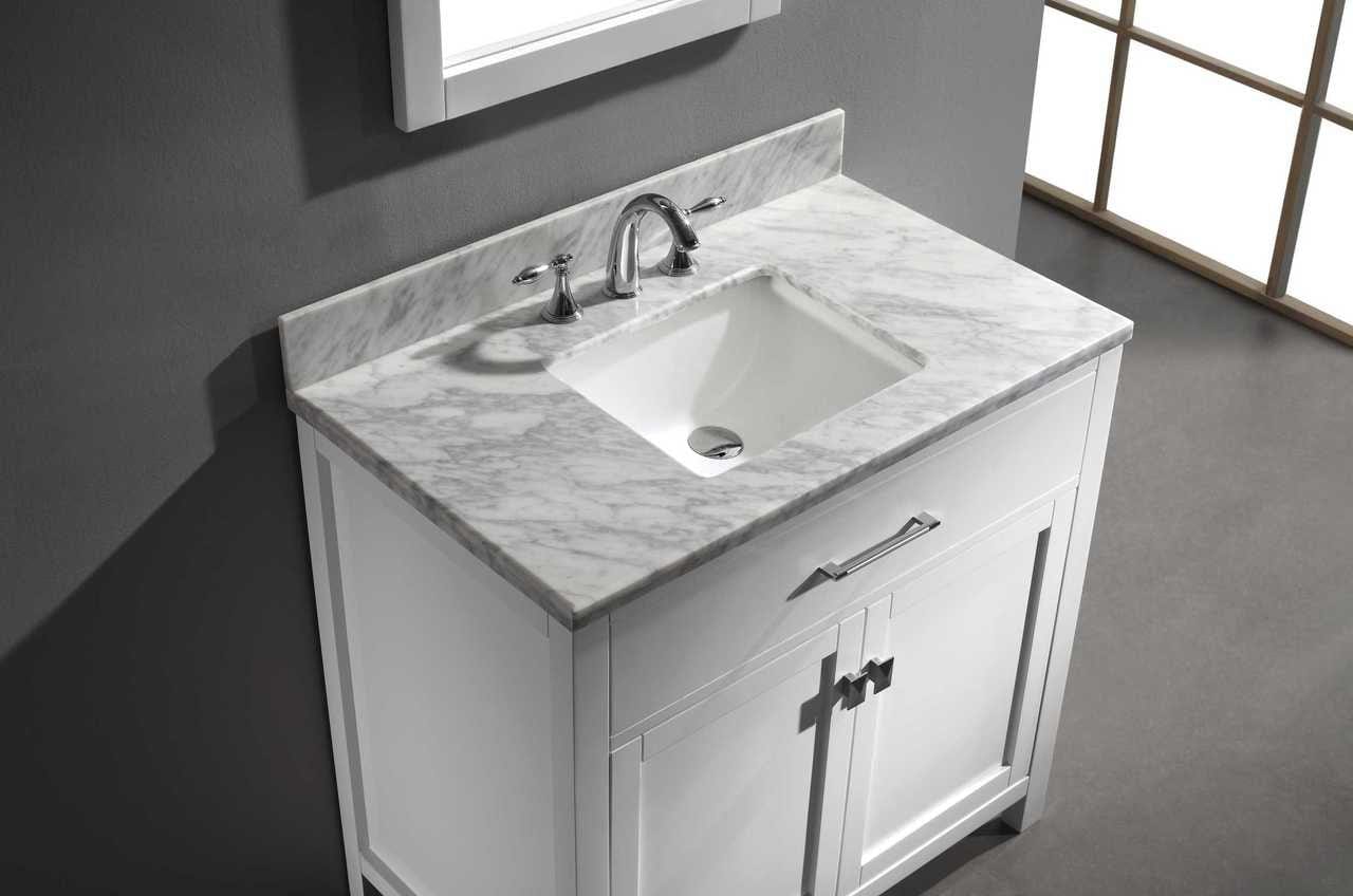 Virtu USA Caroline 36 Single Bathroom Vanity Set in White w/ Italian Carrara White Marble Counter-Top | Square Basin