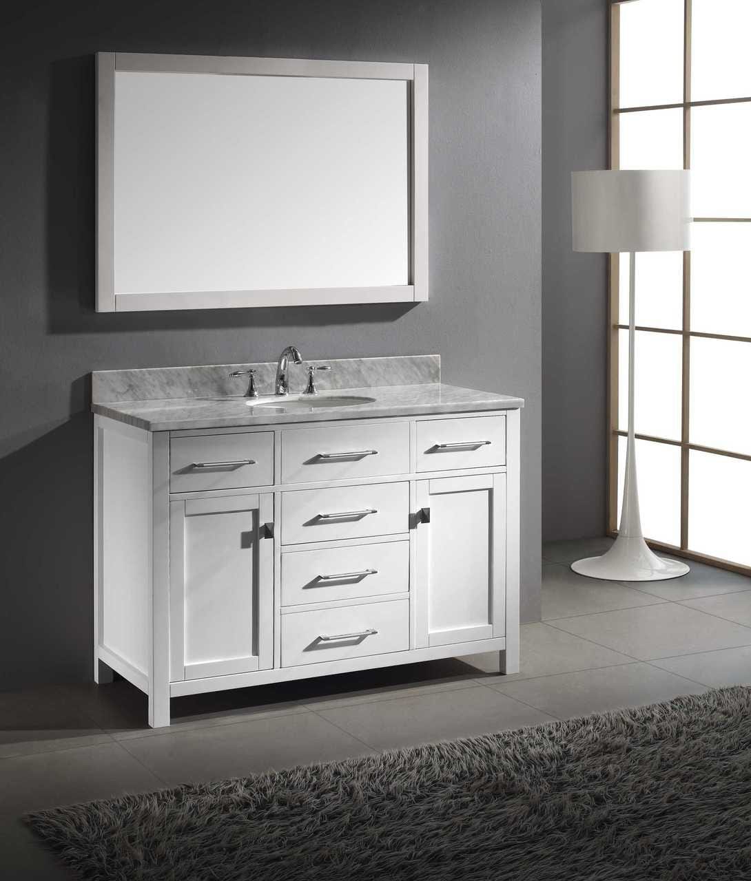 Virtu USA Caroline 48 Single Bathroom Vanity Cabinet Set in White w/ Grey Quartzite Counter-Top | Round Basin