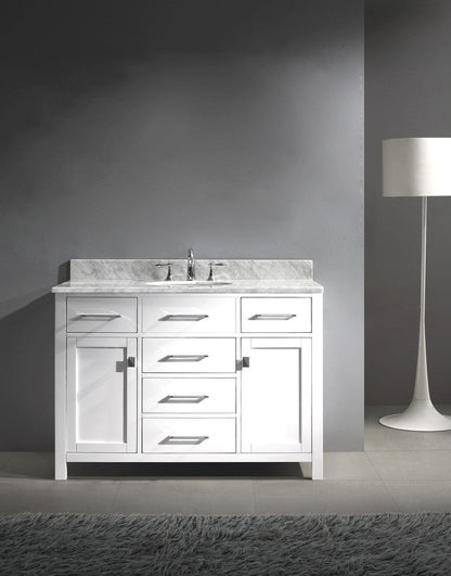 Virtu USA Caroline 48 Single Bathroom Vanity Cabinet Set in White w/ Grey Quartzite Counter-Top | Round Basin