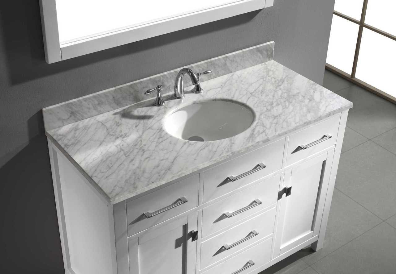 Virtu USA Caroline 48 Single Bathroom Vanity Cabinet Set in White w/ Grey Quartzite Counter-Top | Round Basin