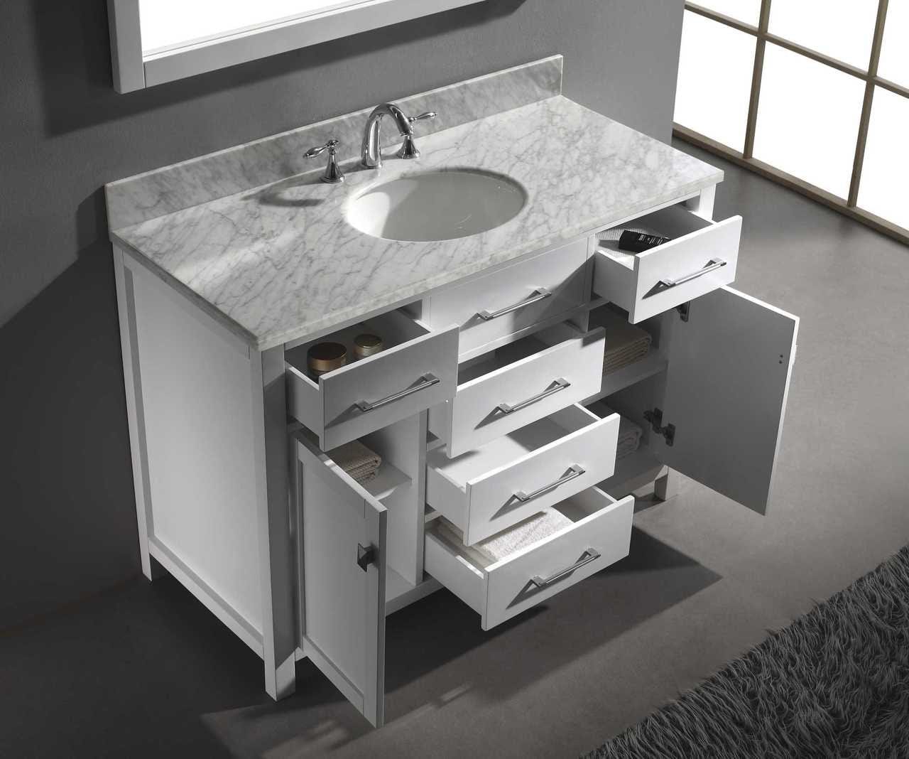 Virtu USA Caroline 48 Single Bathroom Vanity Cabinet Set in White w/ Grey Quartzite Counter-Top | Round Basin