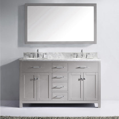 Virtu USA Caroline 60 Double Bathroom Vanity in Cashmere Grey w/ Marble Top & Round Sink w/ Mirror