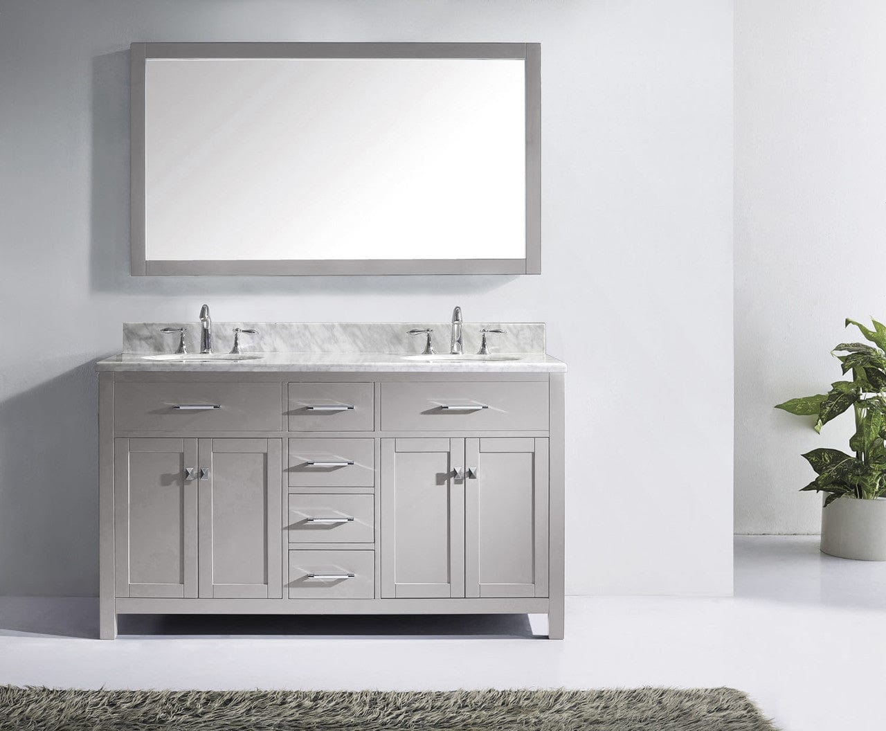 Virtu USA Caroline 60 Double Bathroom Vanity in Cashmere Grey w/ Marble Top & Round Sink w/ Mirror