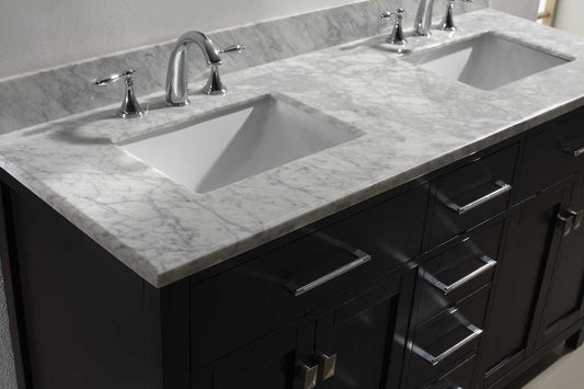 Virtu USA Caroline 60 Double Bathroom Vanity Set in Espresso w/ Italian Carrara White Marble Counter-Top |Ê Square Basin
