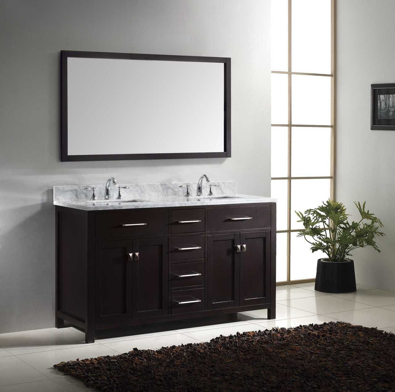 Virtu USA Caroline 60 Double Bathroom Vanity Set in Espresso w/ Italian Carrara White Marble Counter-Top |Ê Square Basin