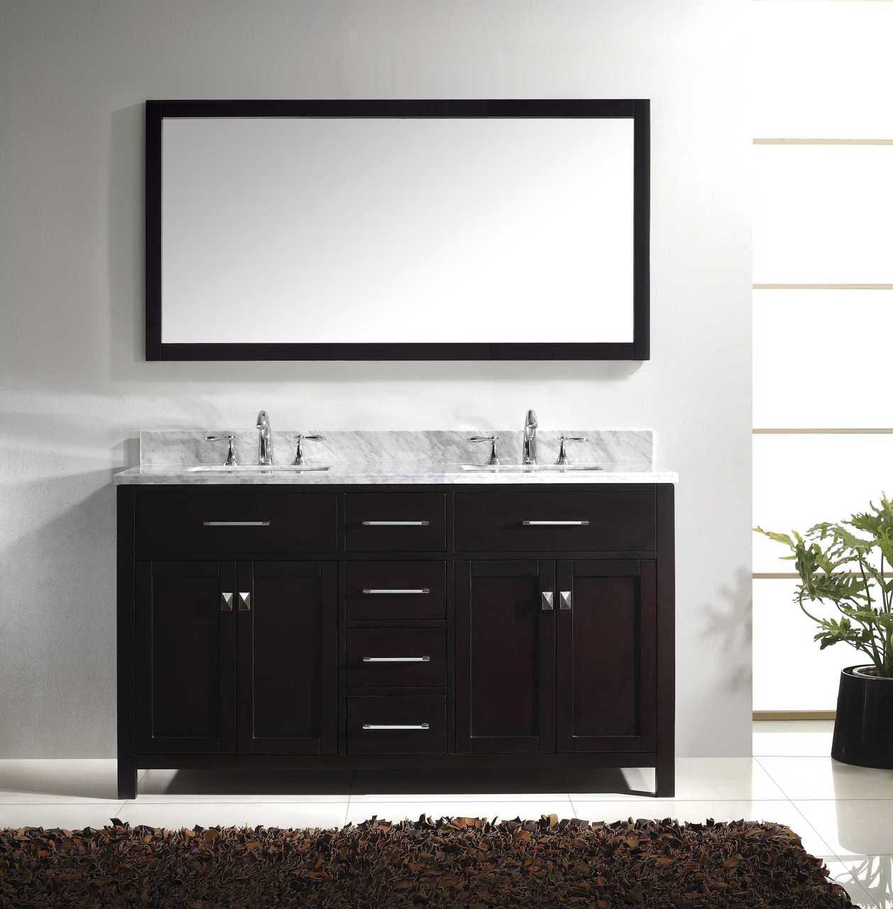 Virtu USA Caroline 60 Double Bathroom Vanity Set in Espresso w/ Italian Carrara White Marble Counter-Top |Ê Square Basin