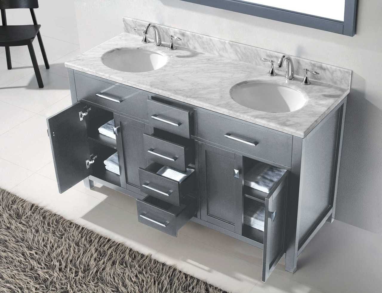 Virtu USA Caroline 60 Double Bathroom Vanity Set in Grey w/ Italian Carrara White Marble Counter-Top | Round Basin