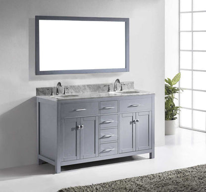 Virtu USA Caroline 60 Double Bathroom Vanity Set in Grey w/ Italian Carrara White Marble Counter-Top | Round Basin