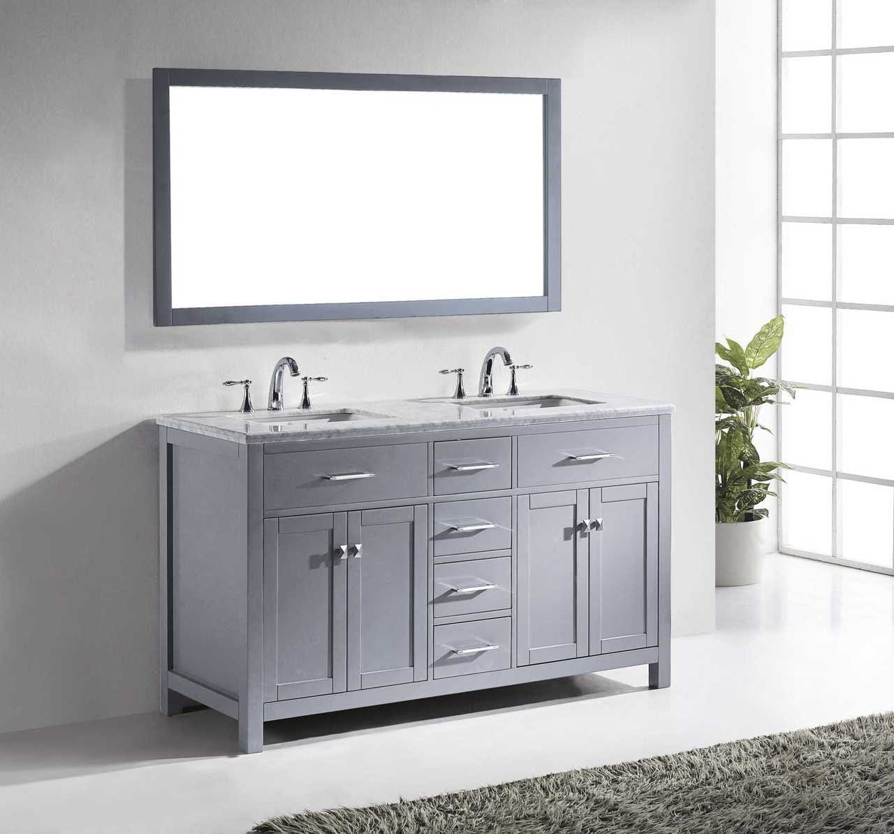 Virtu USA Caroline 60 Double Bathroom Vanity Set in Grey w/ Italian Carrara White Marble Counter-Top | Square Basin