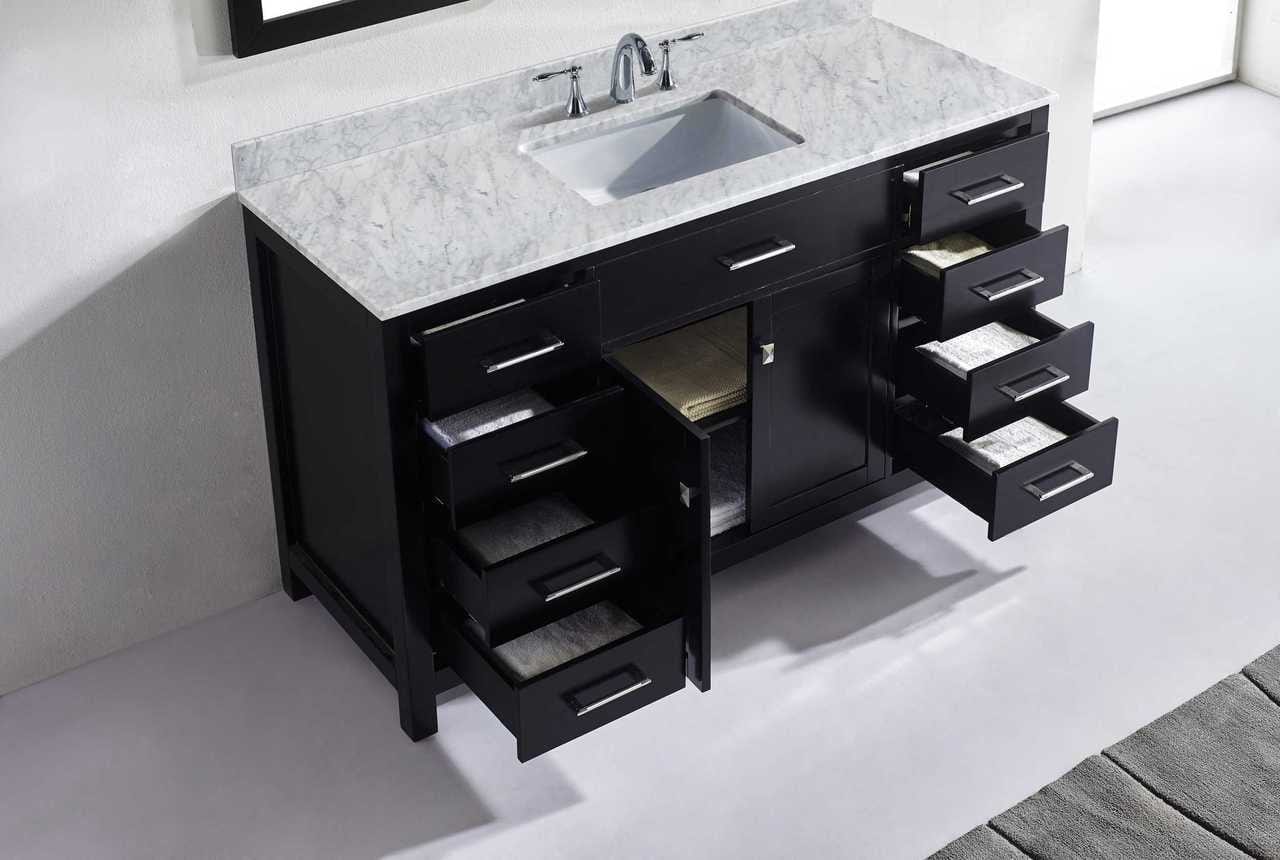Virtu USA Caroline 60 Single Bathroom Vanity Set in Espresso w/ Italian Carrara White Marble Counter-Top | Square Basin