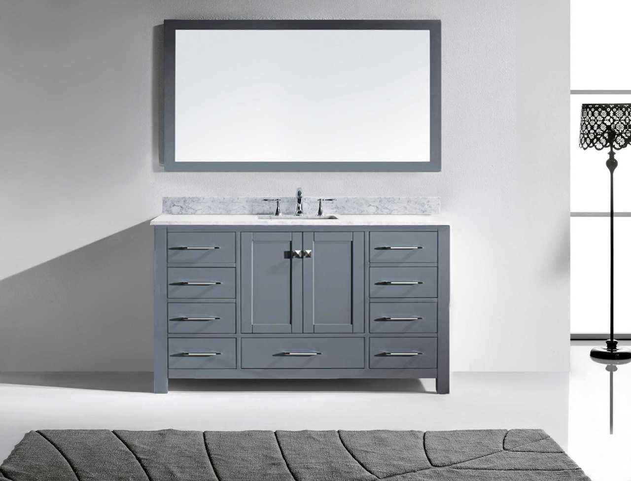 Virtu USA Caroline 60 Single Bathroom Vanity Set in Grey w/ Italian Carrara White Marble Counter-Top | Round Basin
