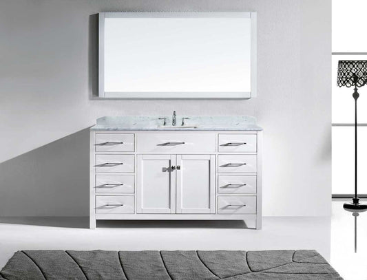 Virtu USA Caroline 60 Single Bathroom Vanity Set in White w/ Italian Carrara White Marble Counter-Top | Square Basin