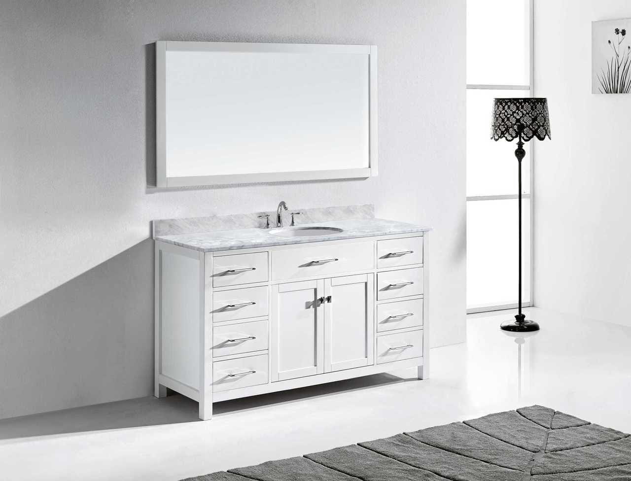 Virtu USA Caroline 60 Single Bathroom Vanity Set in White | White Marble Counter-Top |Ê Round Basin