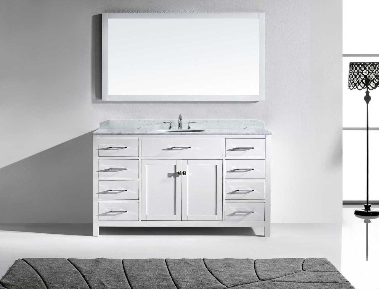 Virtu USA Caroline 60 Single Bathroom Vanity Set in White | White Marble Counter-Top |Ê Round Basin