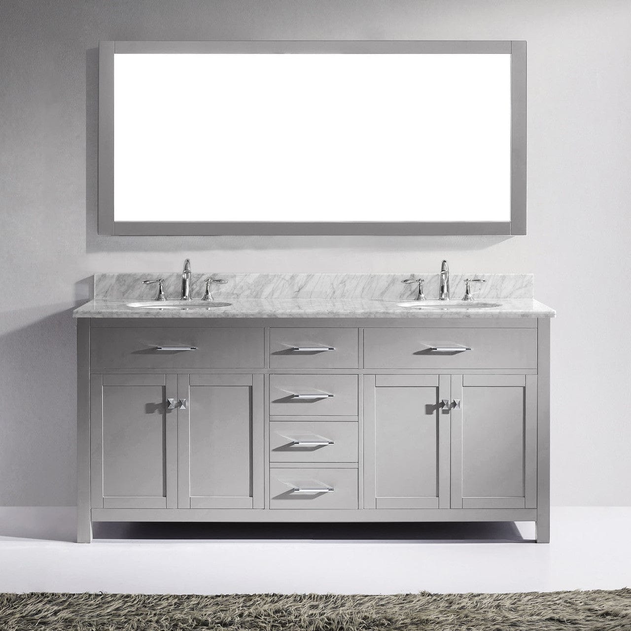 Virtu USA Caroline 72 Double Bathroom Vanity in Cashmere Grey w/ Marble Top & Round Sink w/ Mirror