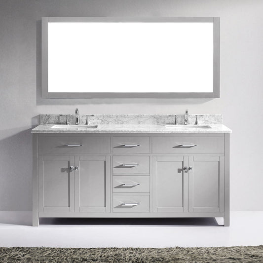 Virtu USA Caroline 72 Double Bathroom Vanity in Cashmere Grey w/ Marble Top & Square Sink w/ Mirror