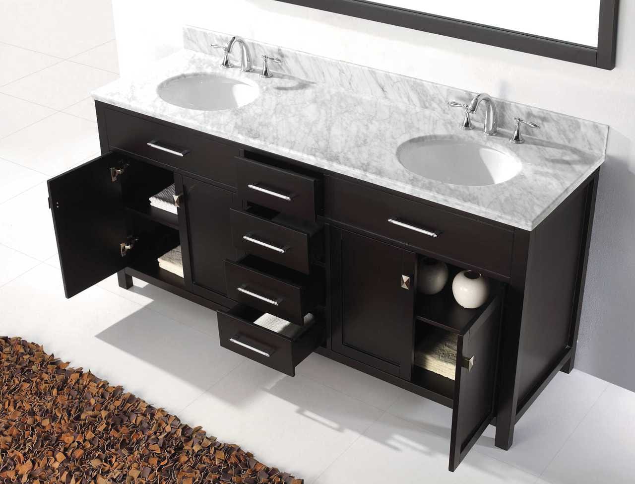 Virtu USA Caroline 72 Double Bathroom Vanity Set in Espresso w/ Italian Carrara White Marble Counter-Top |Ê Round Basin