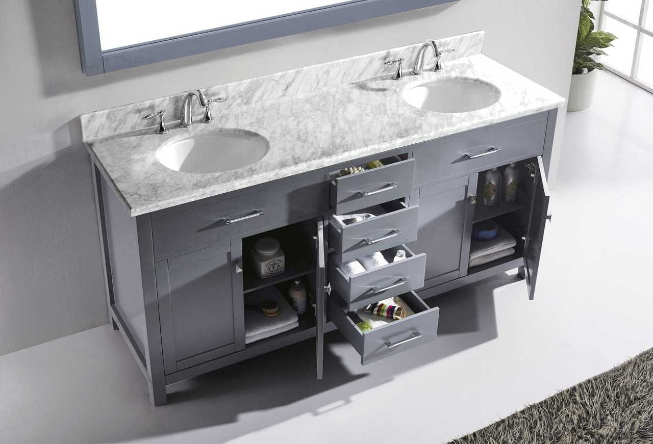 Virtu USA Caroline 72 Double Bathroom Vanity Set in Grey w/ Italian Carrara White Marble Counter-Top | Round Basin