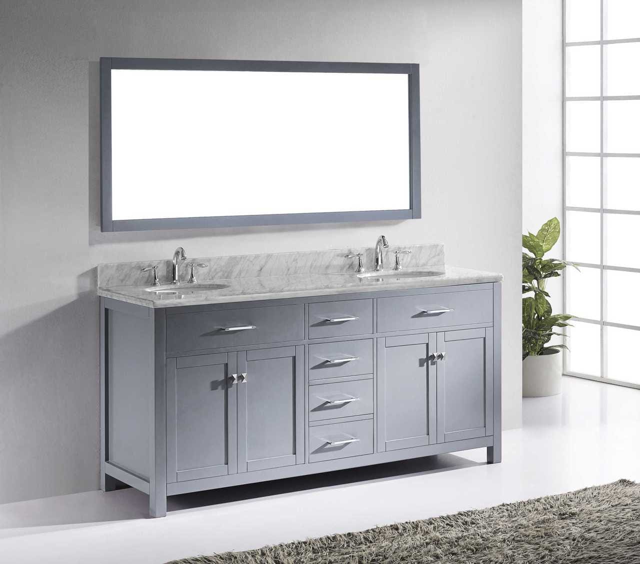 Virtu USA Caroline 72 Double Bathroom Vanity Set in Grey w/ Italian Carrara White Marble Counter-Top | Round Basin