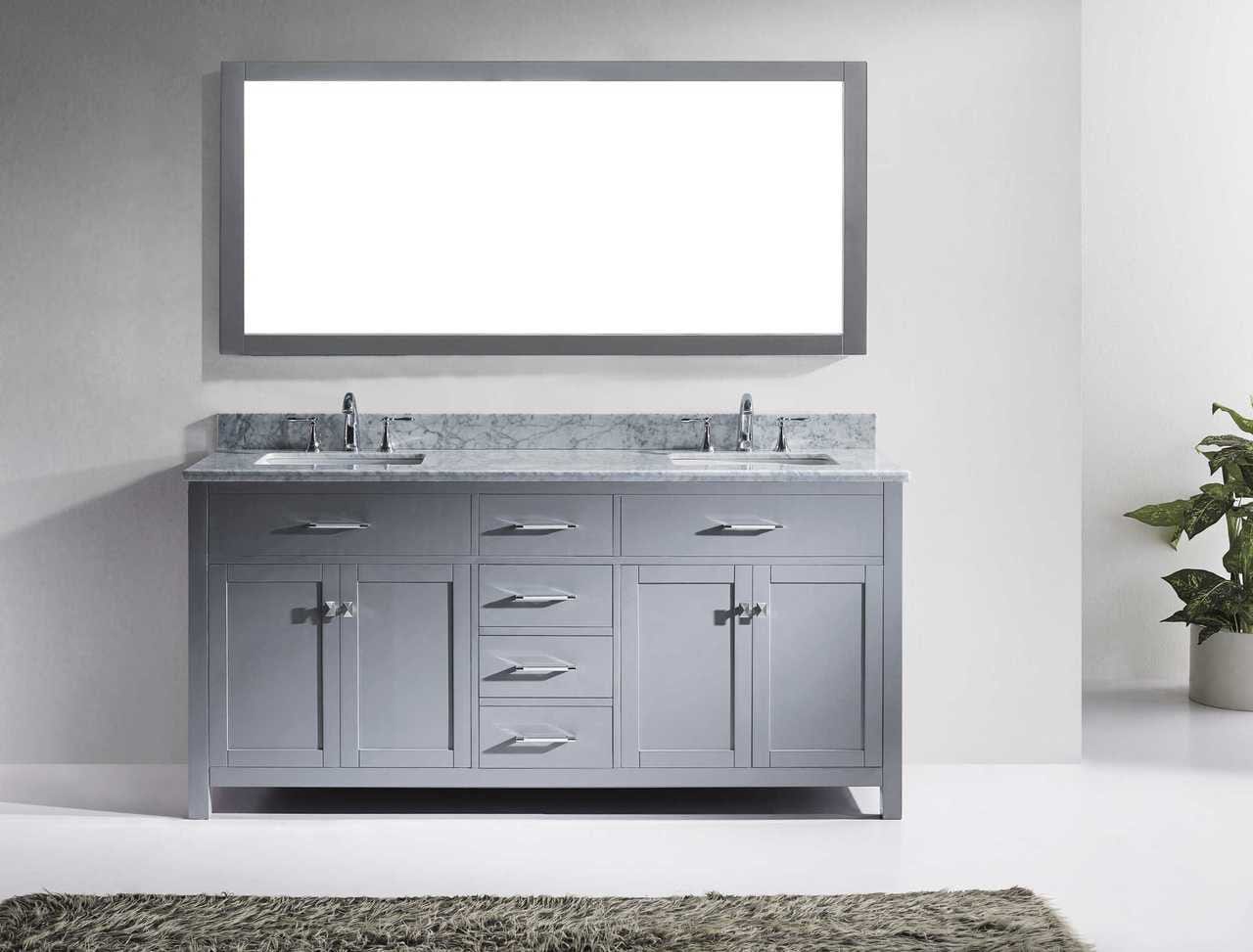 Virtu USA Caroline 72 Double Bathroom Vanity Set in Grey w/ Italian Carrara White Marble Counter-Top | Square Basin