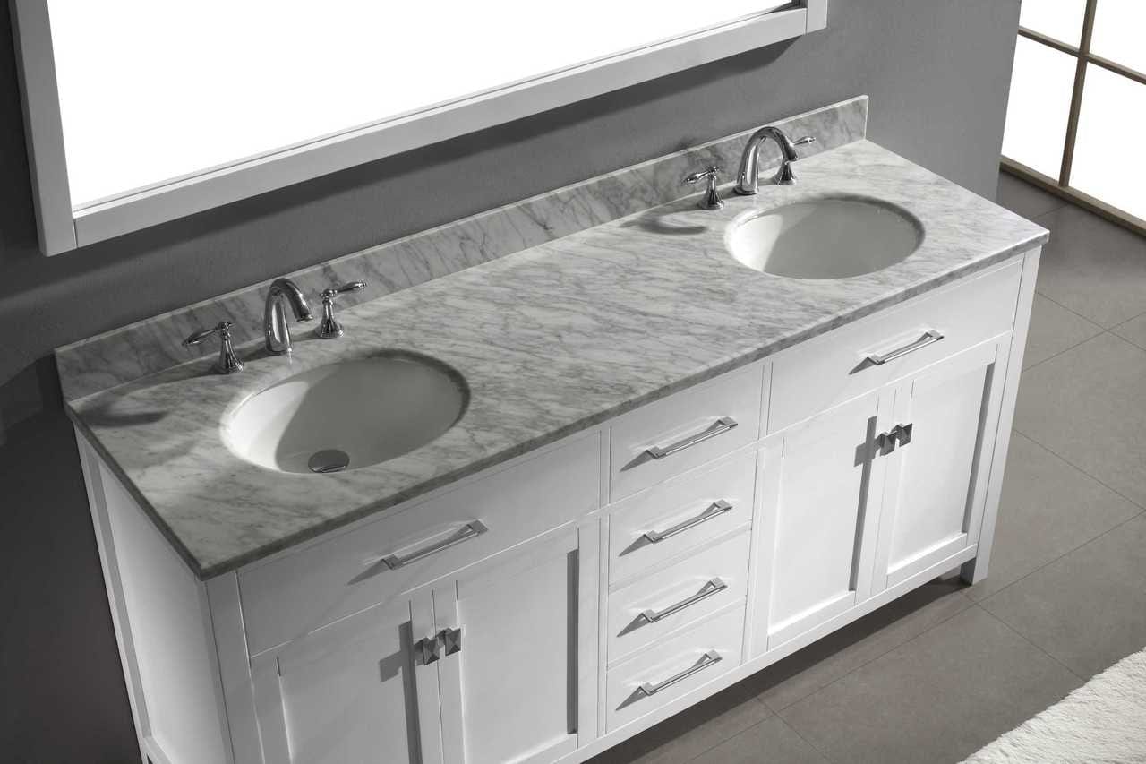 Virtu USA Caroline 72 Double Bathroom Vanity Set in White w/ Italian Carrara White Marble Counter-Top |Ê Round Basin