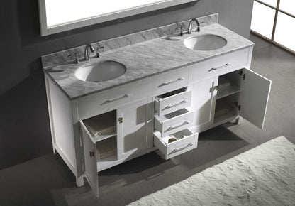 Virtu USA Caroline 72 Double Bathroom Vanity Set in White w/ Italian Carrara White Marble Counter-Top |Ê Round Basin