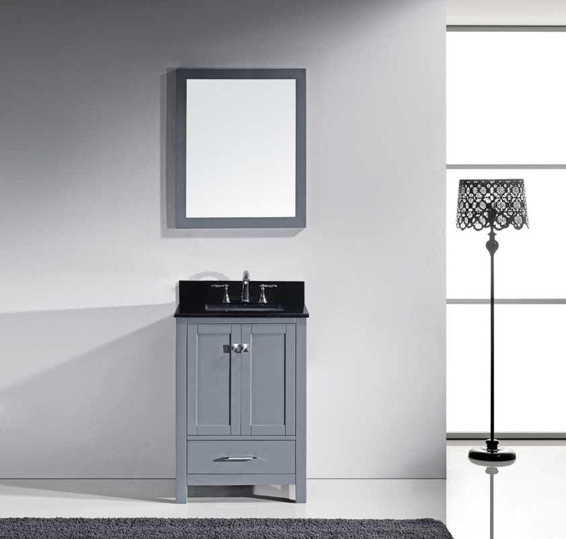Virtu USA Caroline Avenue 24 Single Bathroom Vanity Set in Grey w/ Black Galaxy Granite Counter-Top | Square Basin