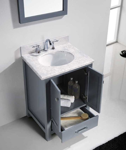 Virtu USA Caroline Avenue 24 Single Bathroom Vanity Set in Grey w/ Italian Carrara White Marble Counter-Top | Round Basin